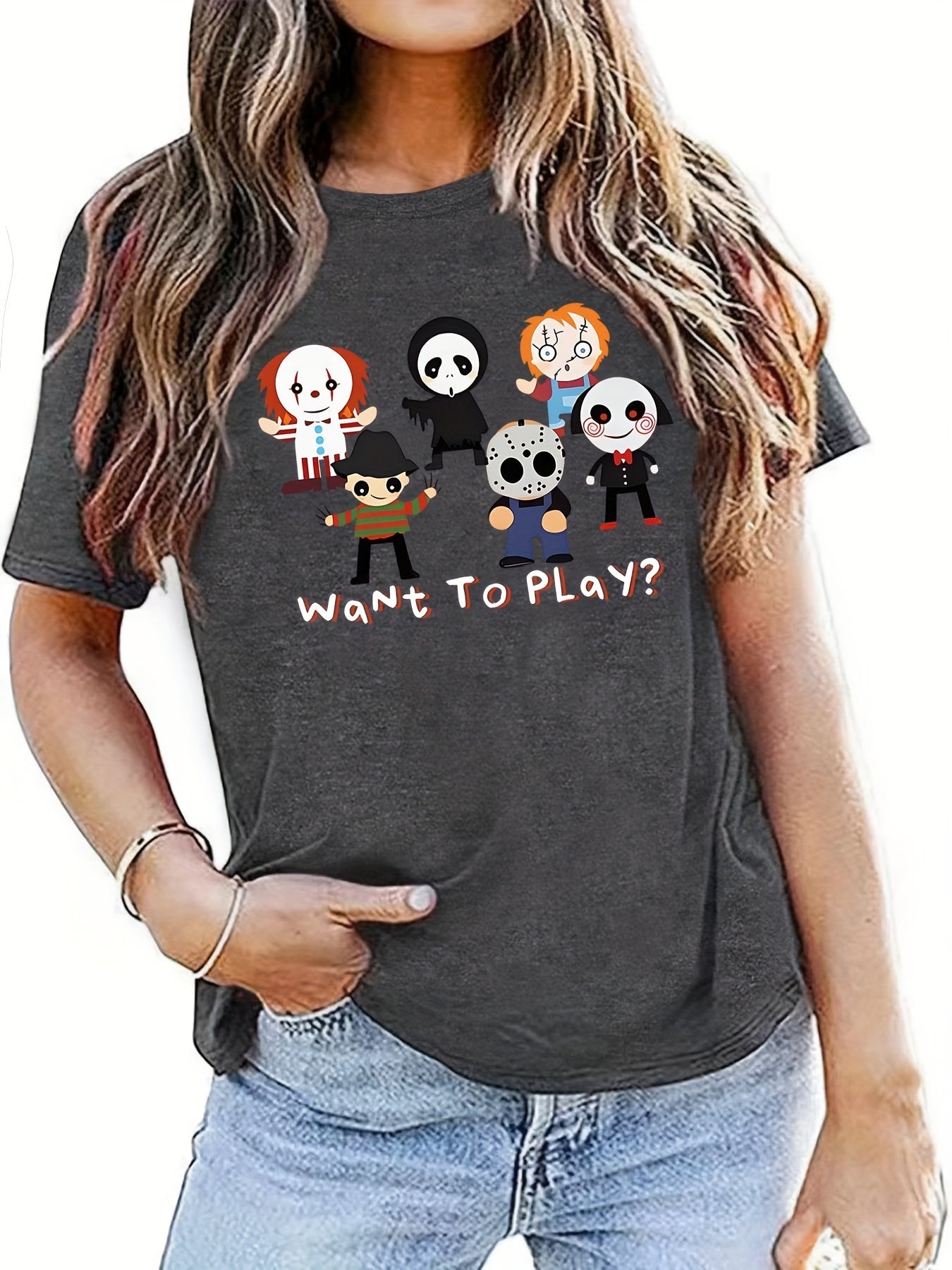 Halloween Cartoon Print T-Shirt, Casual Short Sleeve Top For Spring & Summer, Women's Clothing