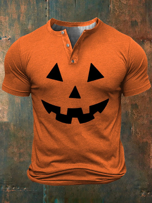 Men's Halloween Pumpkin Face Print Buttons Neck Top