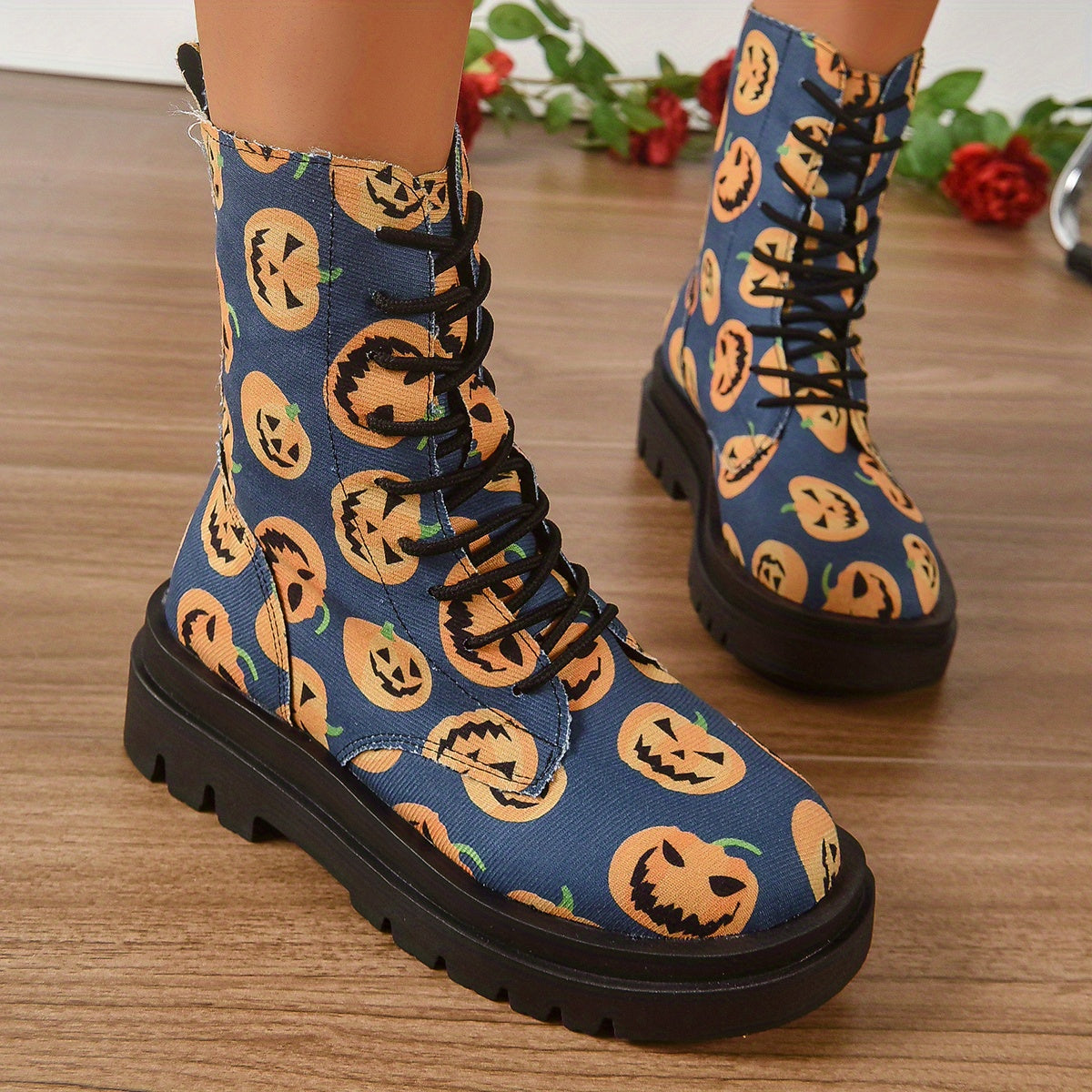 Pumpkin Spice and Everything Nice: Women's Chunky Heel Lace-Up Platform Boots - the Perfect Fashion Statement for Halloween