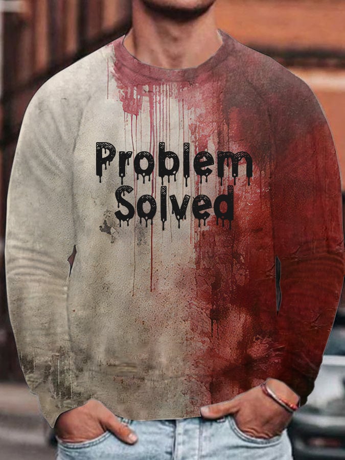 Men's Bloody Problem Solved Halloween Print Round Neck Raglan Sweatshirt