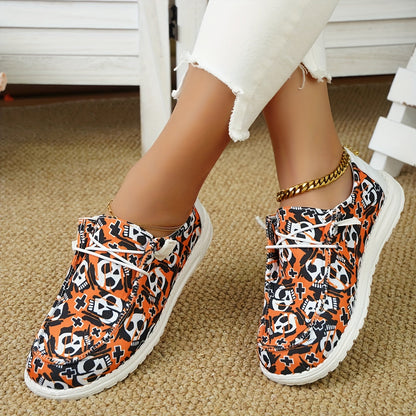 Women's Skull Pattern Canvas Shoes: Lightweight, Low Top Halloween Shoes for Casual and Outdoor Wear