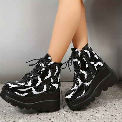 Stylish Halloween Platform Ankle Boots: Women's Bat Pattern Wedge Heeled Boots