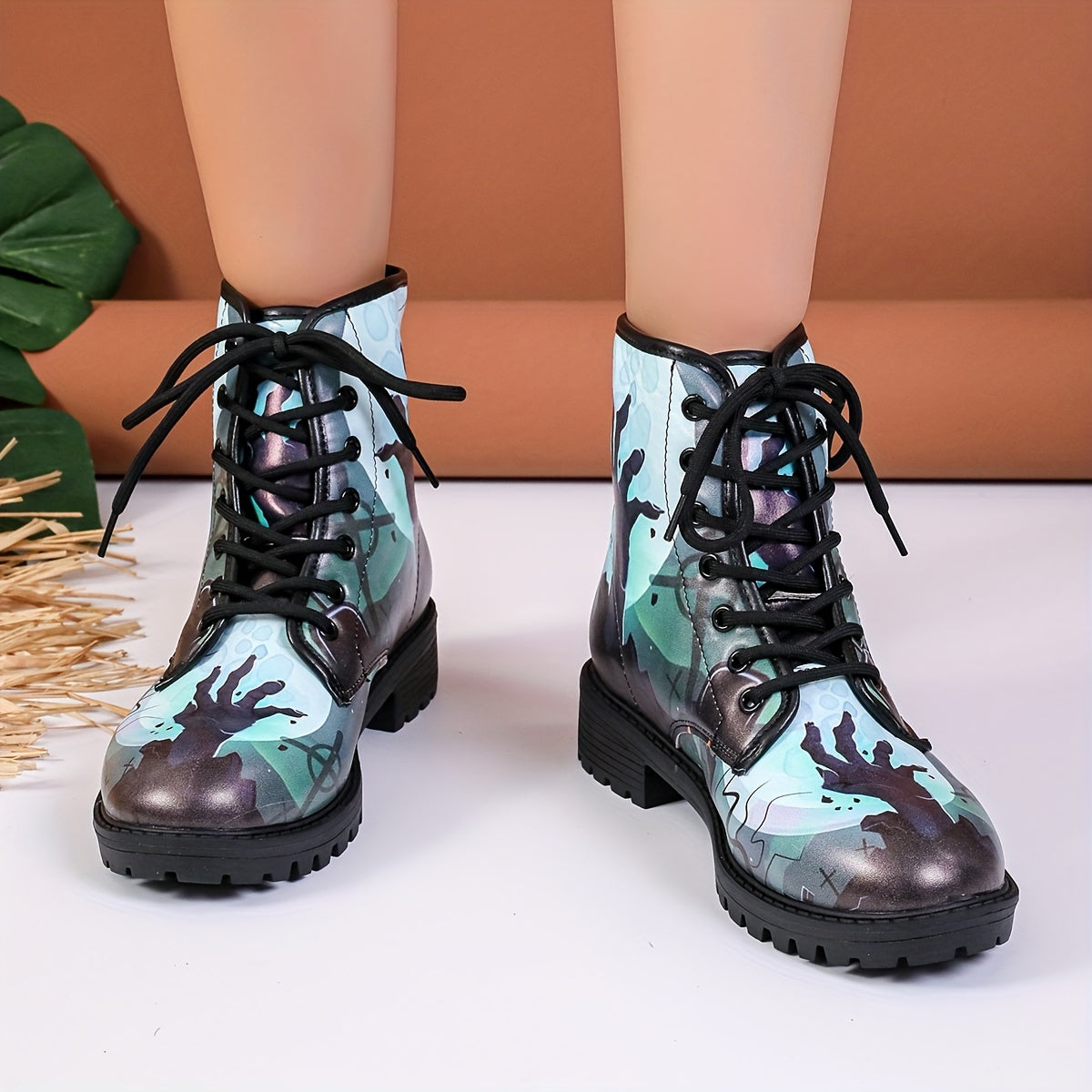 Step into the Spooky Season with Women's Halloween Style Ankle Boots: Horror-inspired Zombie Print Combat Boots for Casual Chic