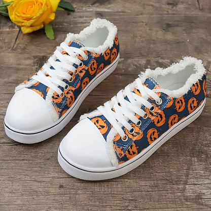 Women's Ghost Face Pumpkin Print Sneakers: Spooktacular Halloween Flat Canvas Shoes