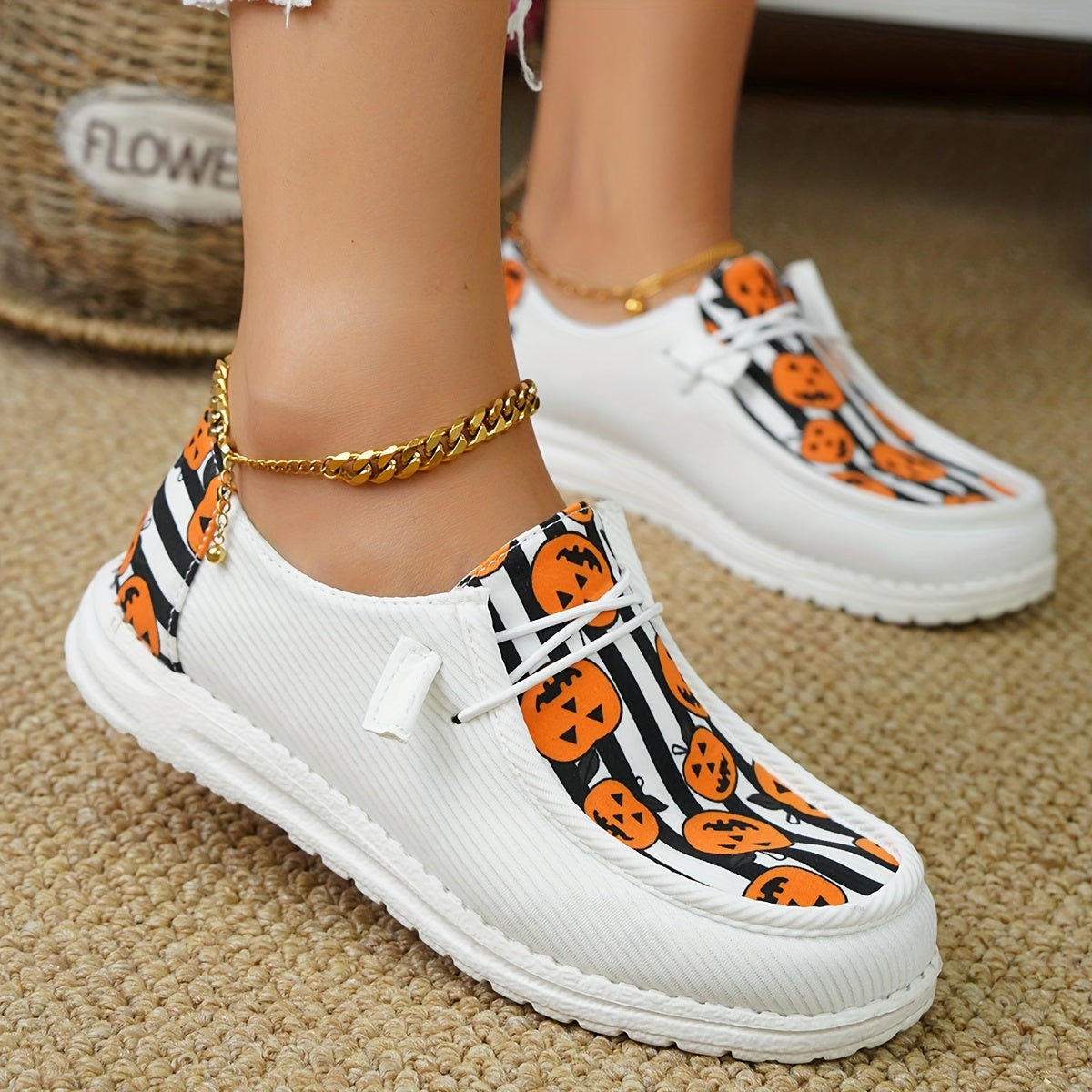 Stylish Women's Pumpkin Striped Print Canvas Shoes: Trendy and Lightweight Halloween Footwear