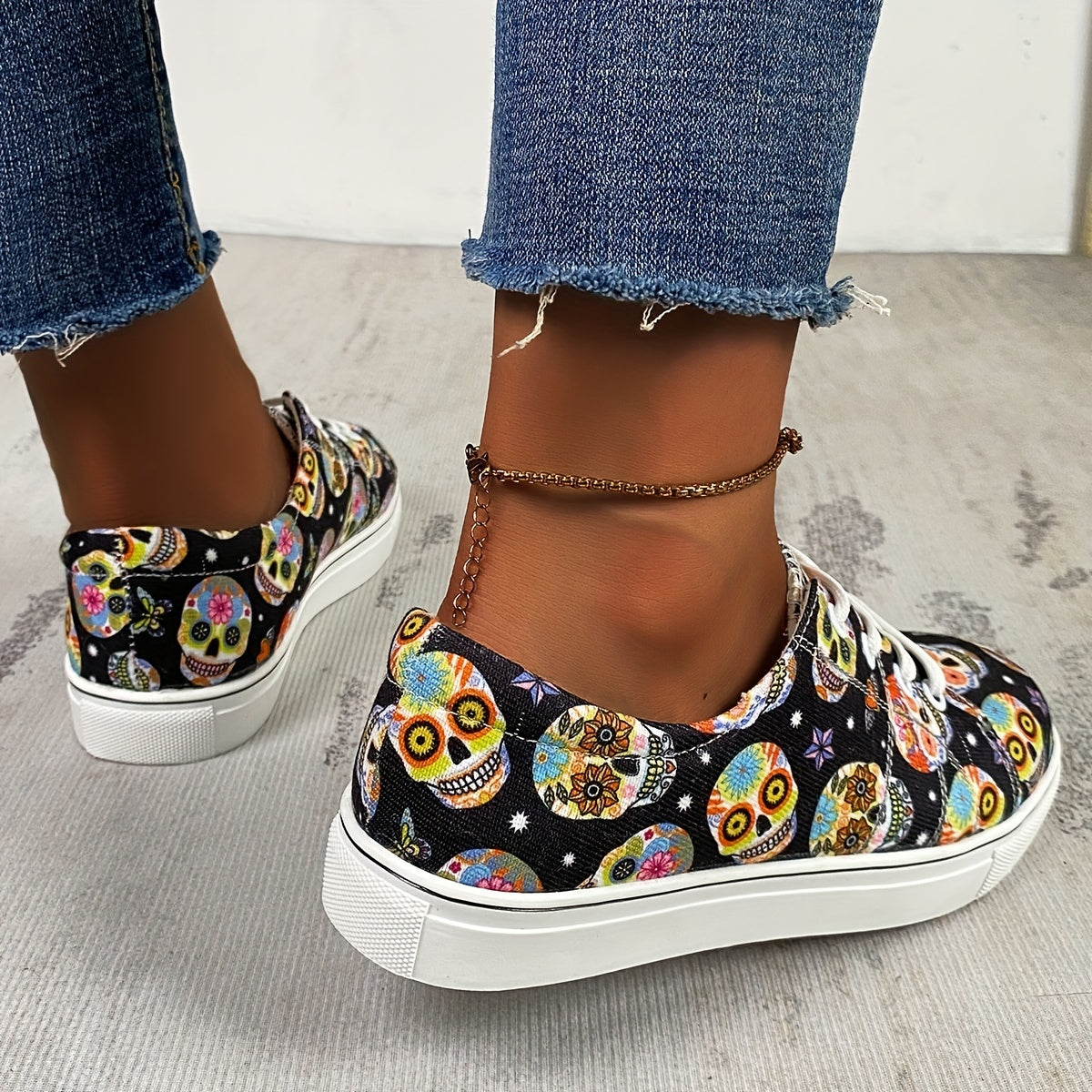 Floral Skull Women's Canvas Shoes - Non-Slip Lace Up Flat Loafer Sneakers for Casual and Halloween