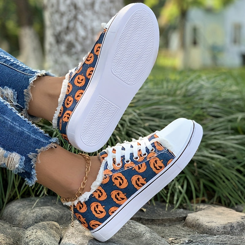 Women's Ghost Face Pumpkin Print Sneakers: Spooktacular Halloween Flat Canvas Shoes