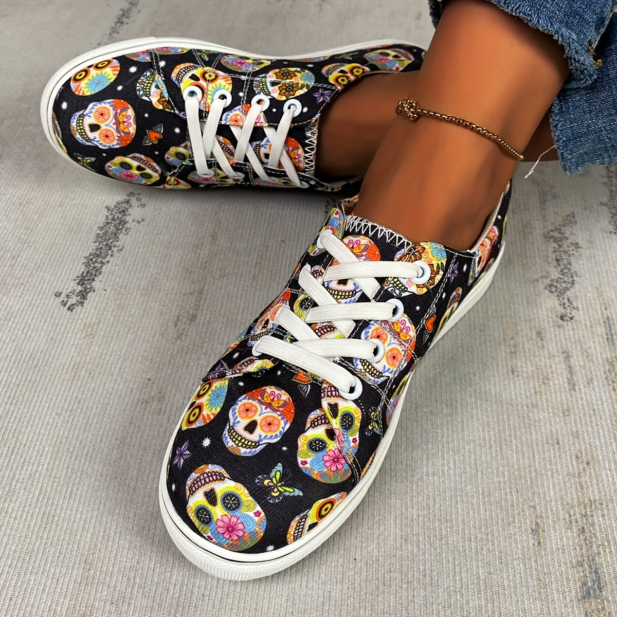 Floral Skull Women's Canvas Shoes - Non-Slip Lace Up Flat Loafer Sneakers for Casual and Halloween