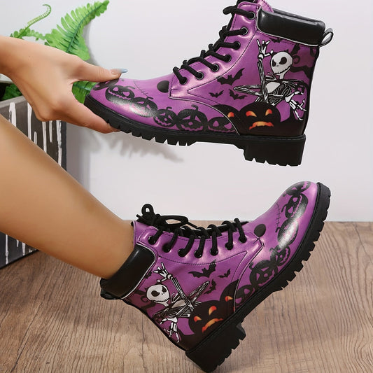 Skeleton Pumpkin Pattern Ankle Boots: Spooktacular Halloween Festival Fashion