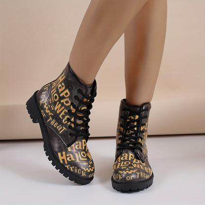 Casual Chic: Women's Halloween Print Ankle Boots with Lace-Up Combat Style and Anti-Slip Lug Sole