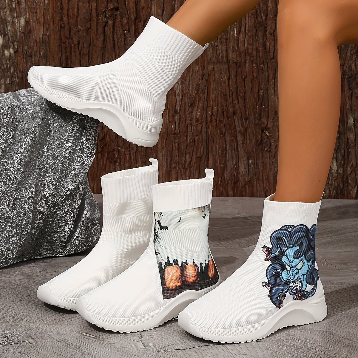 Pumpkin Devil Print Sock Boots: Spook-tacular Halloween-themed Slip-Ons for Women!