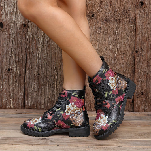 Fearlessly Fashionable: Women's Skull Floral Print Ankle Boots - The Ultimate Halloween Statement