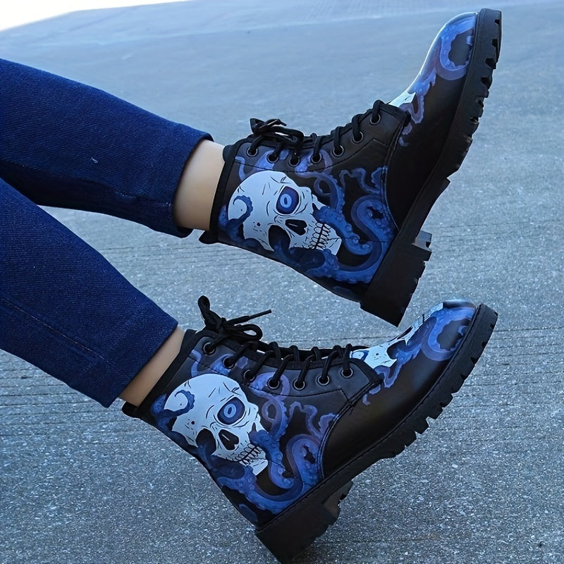 Wickedly Stylish: Women's Skull Print Combat Boots - Fashionable, Comfortable, and Perfect for Halloween