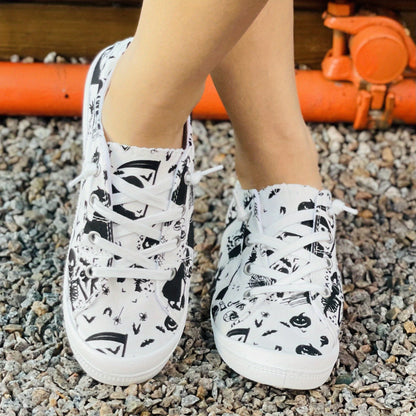 Trendy Halloween Pumpkin Printed Canvas Shoes - Lightweight, Lace-Up, Round Toe, Perfect for Halloween and Everyday Casual Wear