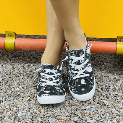 Lightweight Skeleton & Ghost Printed Women's Canvas Shoes - Perfect for Halloween and Everyday Comfort