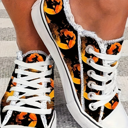 Halloween Pattern Canvas Shoes, Comfortable Women's Canvas Shoes with Lace-Up Closure and Round Toe