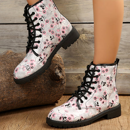 Spooky Chic: Women's Skull Pattern Combat Boots - Casual Halloween Lace-Up Ankle Boots