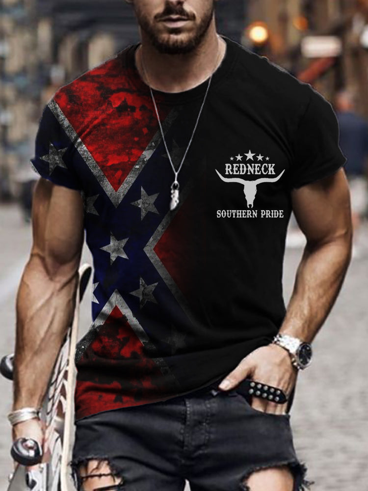 Men's Redneck Southern Pride Bull Skull Rebel Flag T Shirt