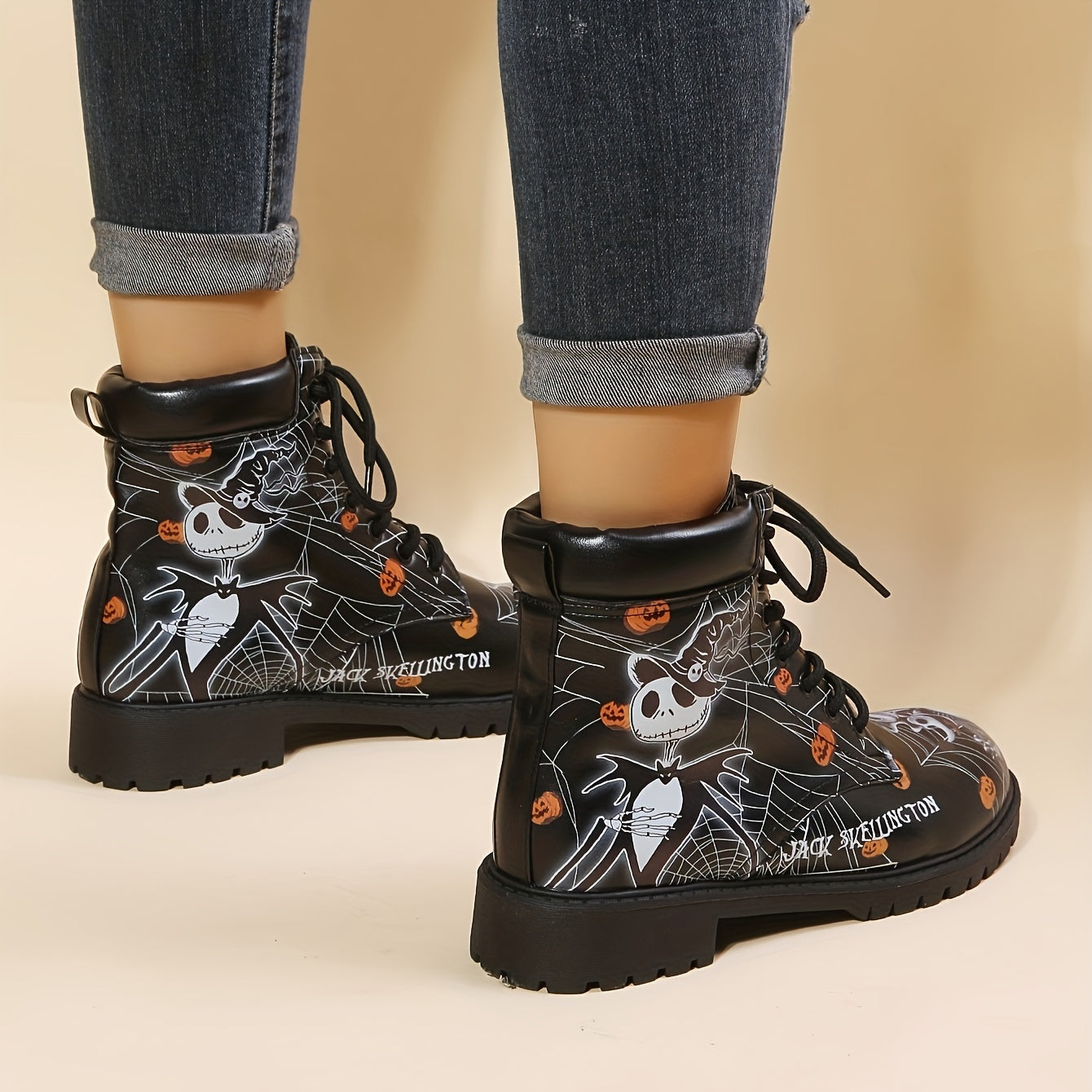 Halloween Pumpkin Pattern Mid-Calf Boots: Wear-Resistant & Non-Slip Chunky Heeled Boots - Women's Footwear