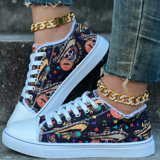 Wickedly Stylish: Women's Skull Print Canvas Shoes - Spook-tacular Casual Lace-up Outdoor Sneakers for Halloween Enthusiasts