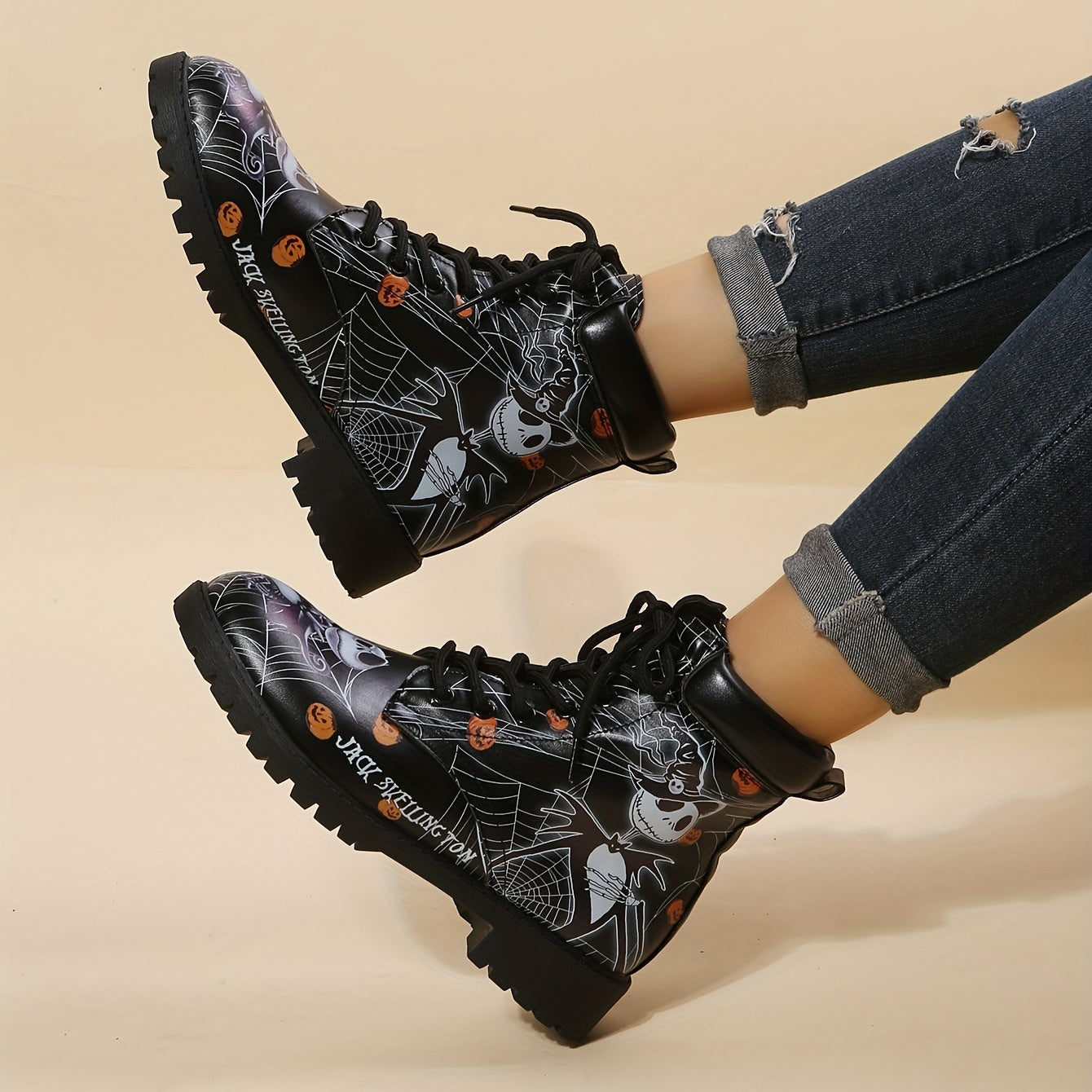 Halloween Pumpkin Pattern Mid-Calf Boots: Wear-Resistant & Non-Slip Chunky Heeled Boots - Women's Footwear