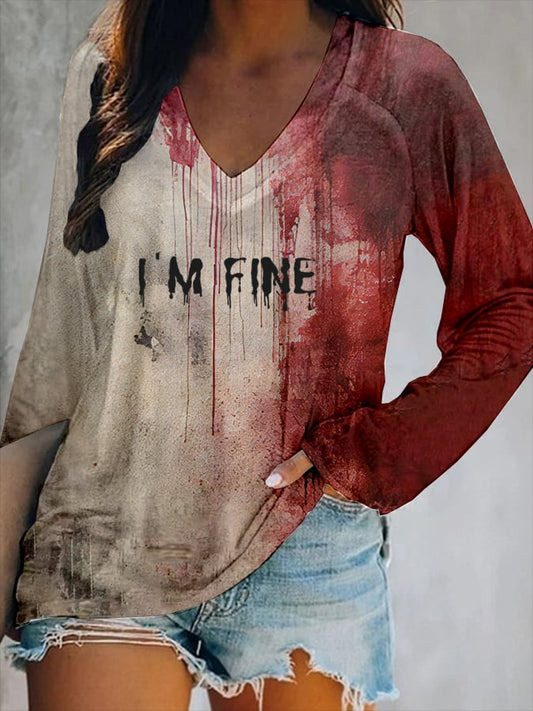 Women's Bloody I'm Fine Halloween Print V-Neck T-Shirt