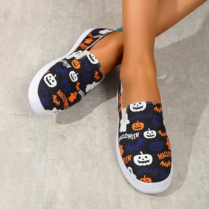 Halloween Chic: Lightweight Women's Canvas Sneakers with Pumpkin and Ghost Print