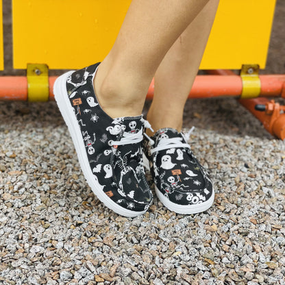 Fun and Fashionable Women's Halloween Print Canvas Shoes: Funny Cartoon Skull & Spider Pattern Lace-Up Loafers - Slip into Spooky Style!