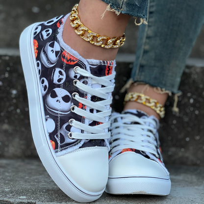 Womens Skull Pumpkin Pattern Canvas Shoes: Spooky and Stylish Halloween Footwear for Women