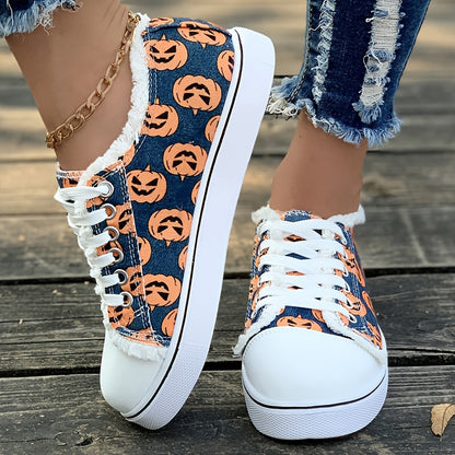 Women's Ghost Face Pumpkin Print Sneakers: Spooktacular Halloween Flat Canvas Shoes