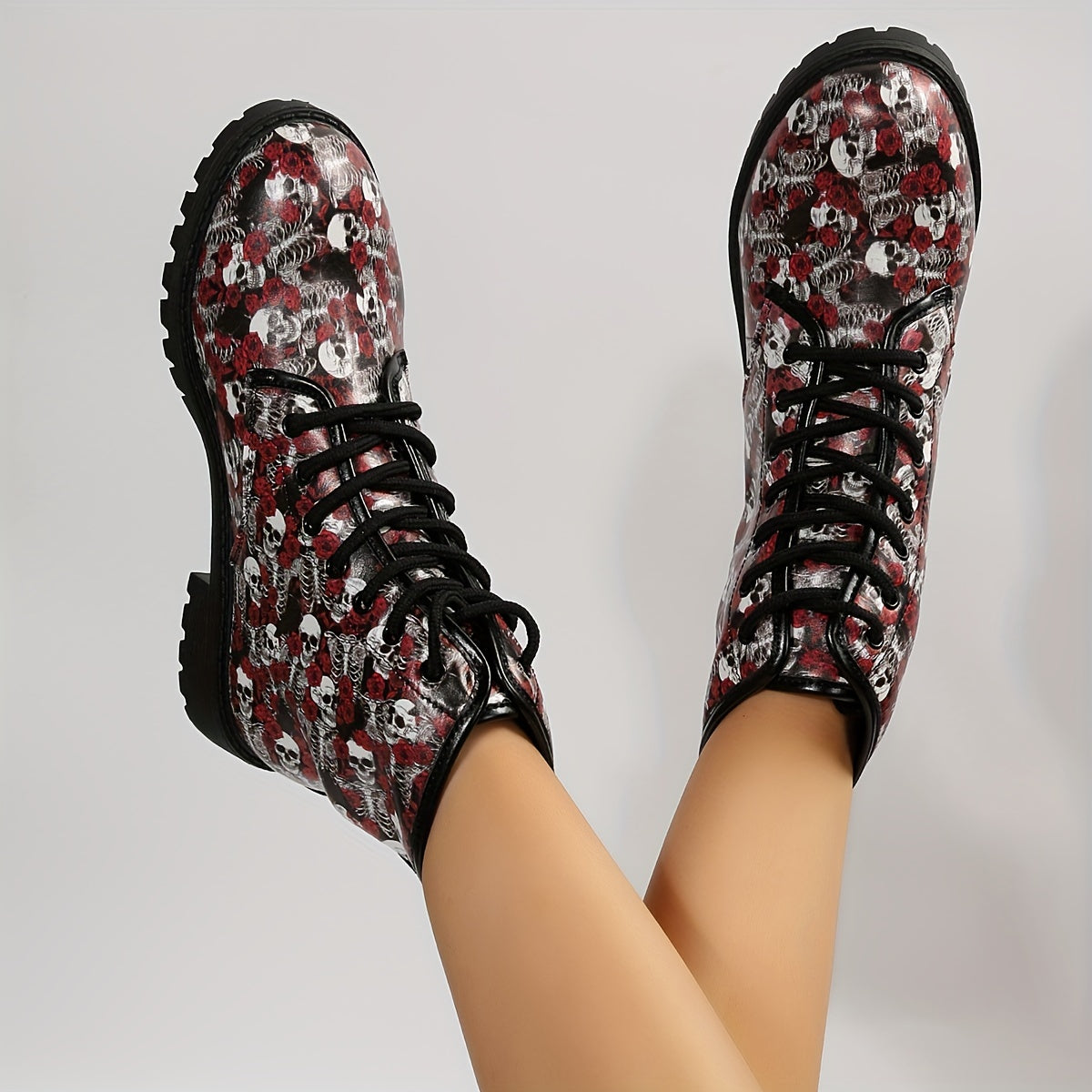 Skull Rose Patterned Women's Halloween Combat Boots: All-Match Lace-Up Shoes for a Spooky Stylish Look