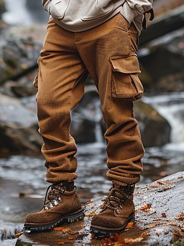 Men's Vintage Waffle Knitted Outdoor Multi-pocket Cargo Pants Trousers