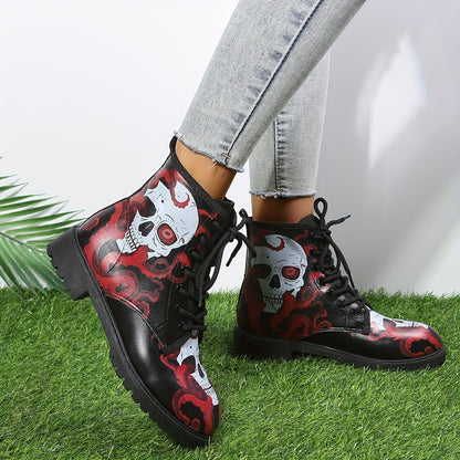 Wickedly Stylish: Women's Skull Print Combat Boots - Fashionable, Comfortable, and Perfect for Halloween