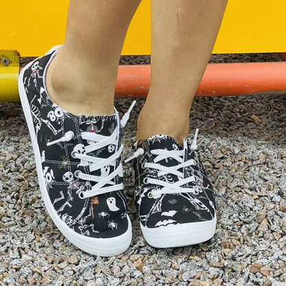 Lightweight Skeleton & Ghost Printed Women's Canvas Shoes - Perfect for Halloween and Everyday Comfort