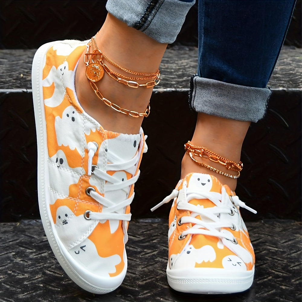 Women's Cartoon Cute Ghost Print Shoes, Slip On Round Toe Low-top Non-slip Lightweight Canvas Shoes, Daily Comfy Halloween Shoes