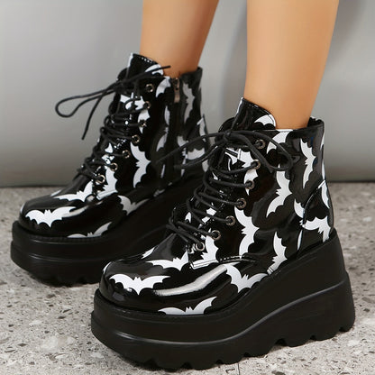 Stylish Halloween Platform Ankle Boots: Women's Bat Pattern Wedge Heeled Boots