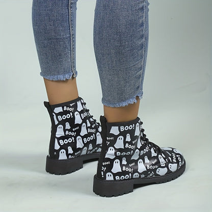 Halloween Haunt: Women's Ghost Print Combat Boots - Spooky Style with Comfort