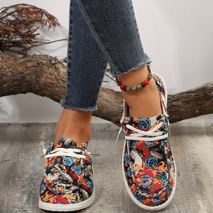 Skull and Rose Pattern Canvas Shoes: Halloween Low-Top Slip-On Sneakers for Casual Walking and Flat Loafers