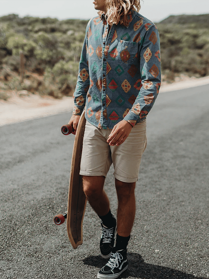 Men's Retro Western Ethnic Aztec Color Block Shirt