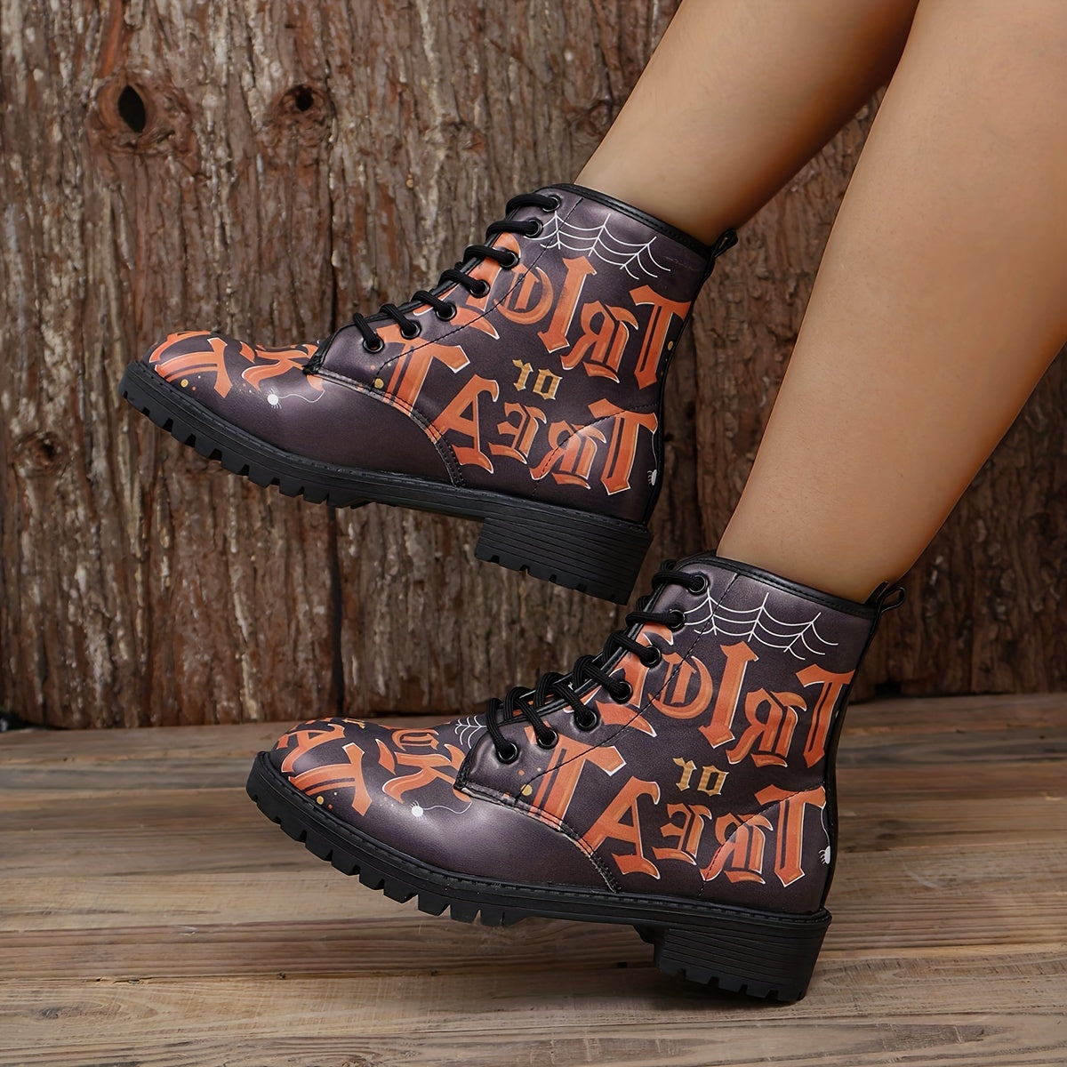 Stylish and Spooky: Women's Halloween Print Combat Boots - Lace-Up, Lug Sole Ankle Boots for Casual All-Match Appeal