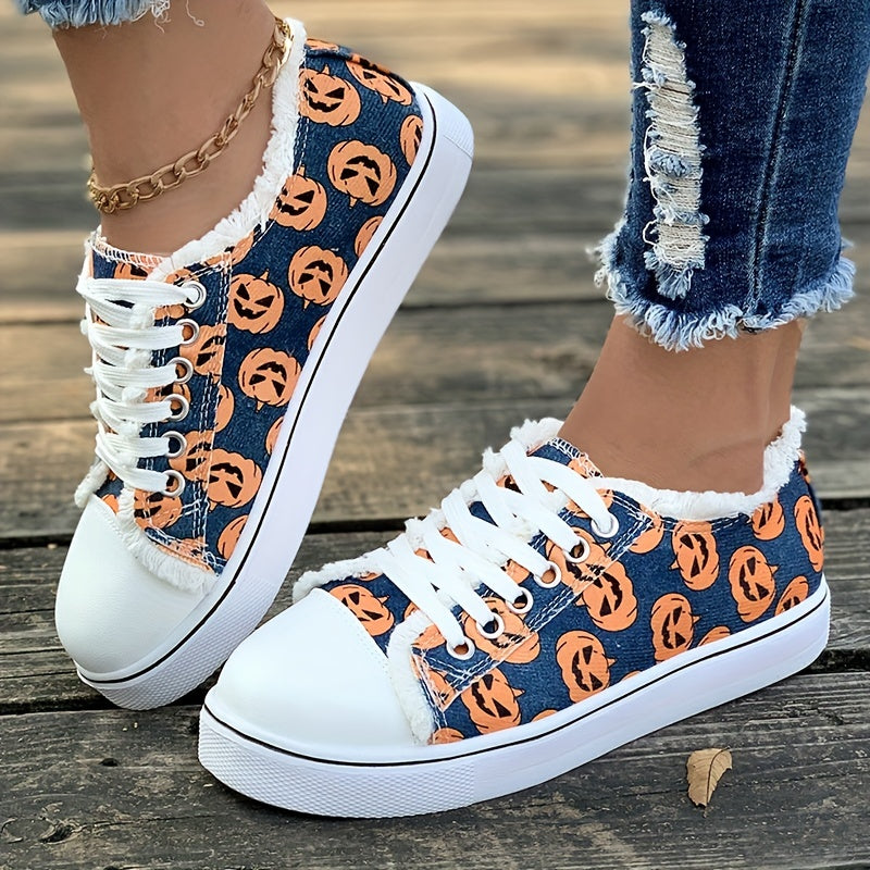 Women's Ghost Face Pumpkin Print Sneakers: Spooktacular Halloween Flat Canvas Shoes