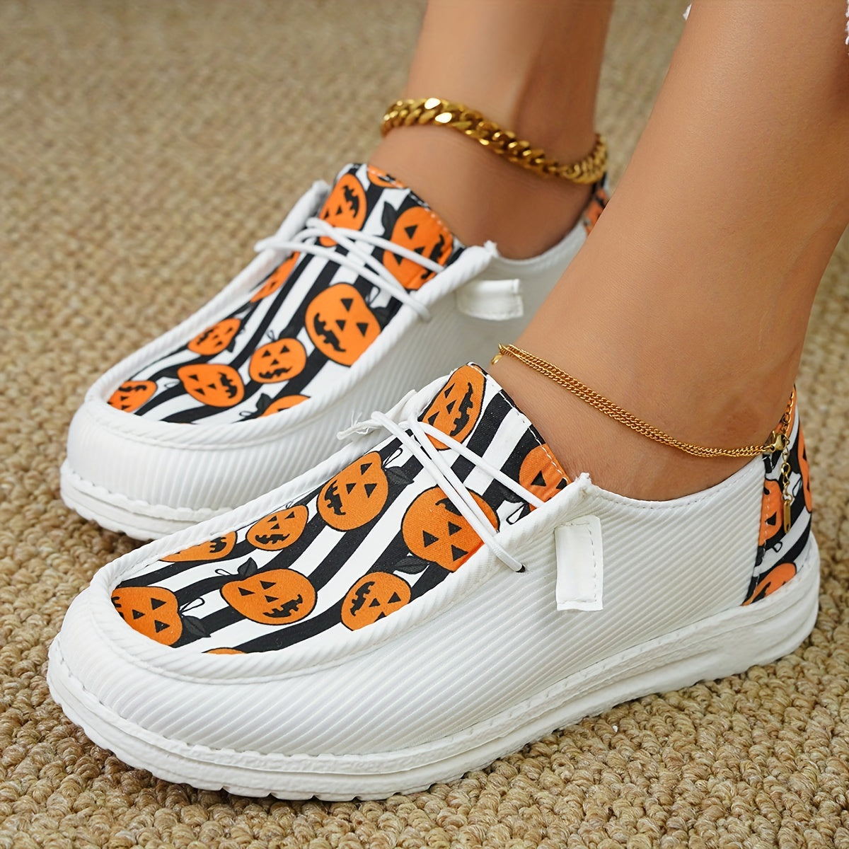 Stylish Women's Pumpkin Striped Print Canvas Shoes: Trendy and Lightweight Halloween Footwear