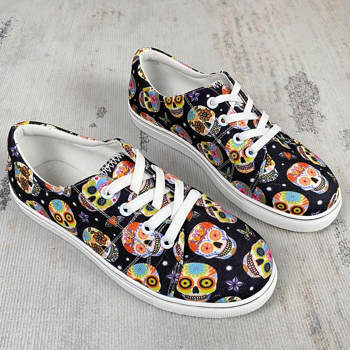 Floral Skull Women's Canvas Shoes - Non-Slip Lace Up Flat Loafer Sneakers for Casual and Halloween