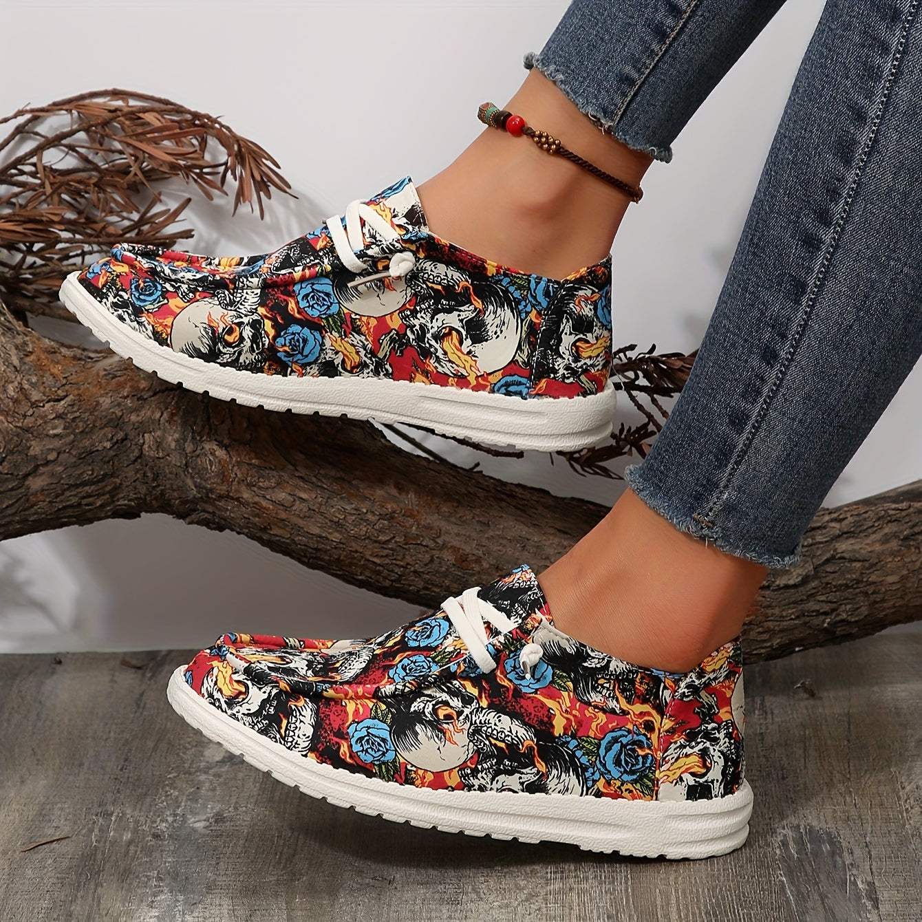 Skull and Rose Pattern Canvas Shoes: Halloween Low-Top Slip-On Sneakers for Casual Walking and Flat Loafers