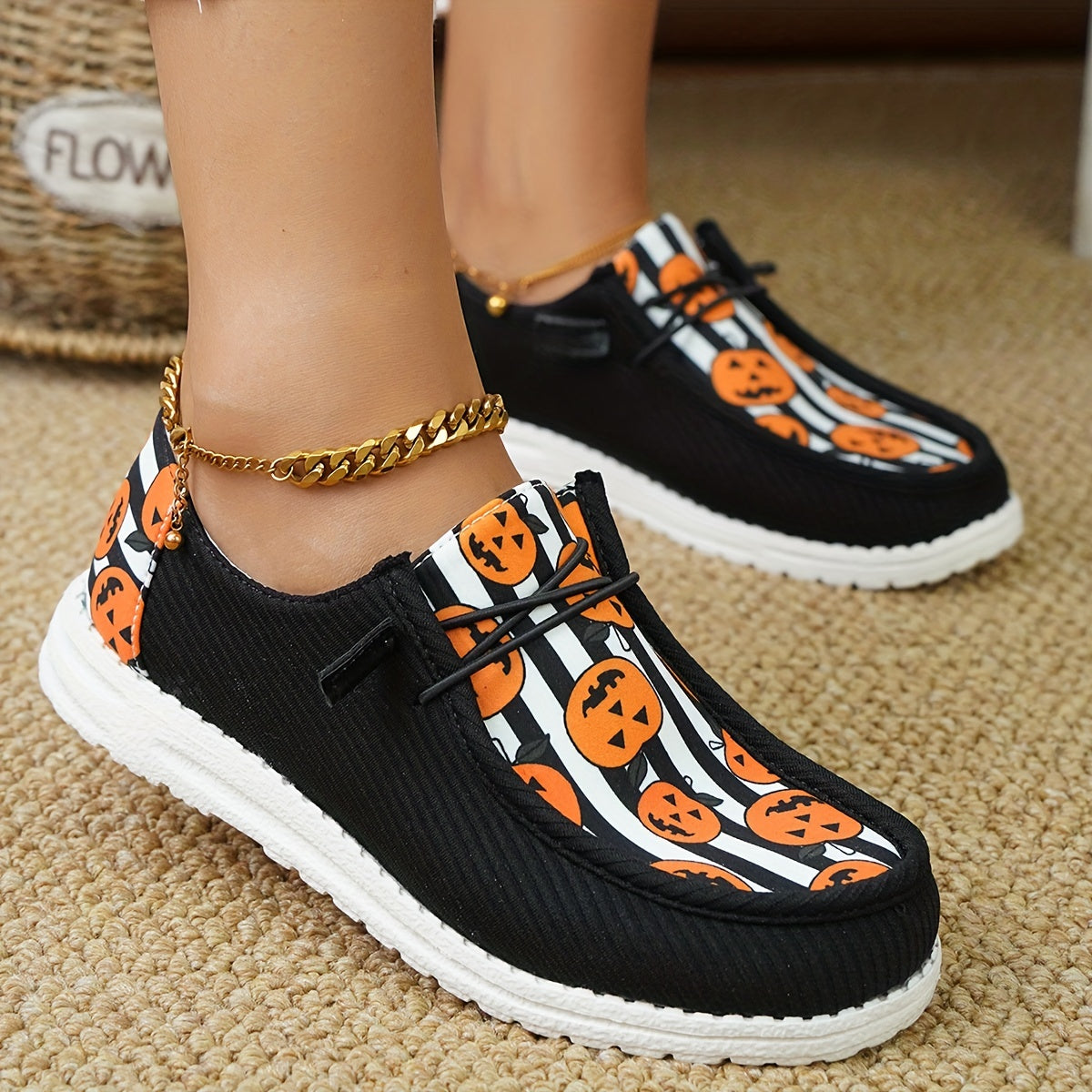 Stylish Women's Pumpkin Striped Print Canvas Shoes: Trendy and Lightweight Halloween Footwear