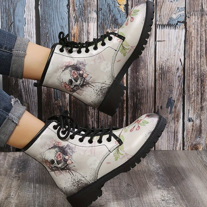 Horror Chic: Women's Skull Print Short Boots - Halloween-inspired Fashion with Lace-up Comfort