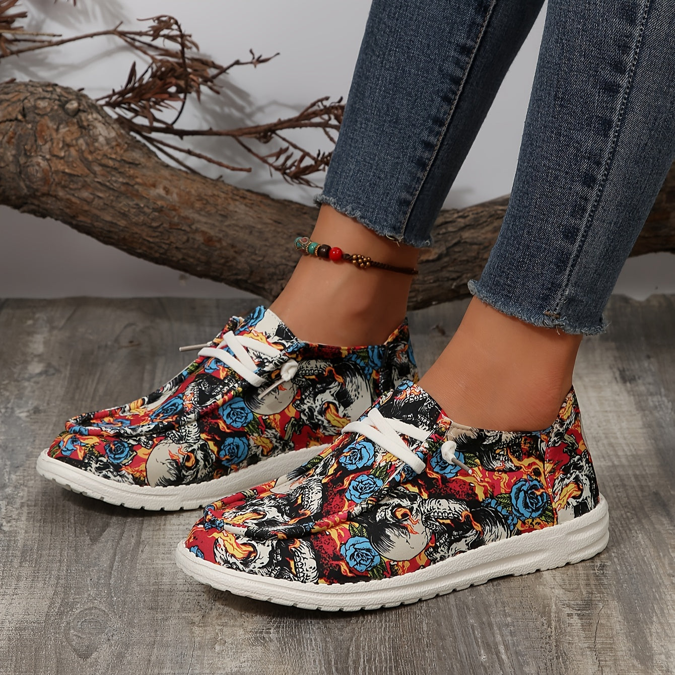 Skull and Rose Pattern Canvas Shoes: Halloween Low-Top Slip-On Sneakers for Casual Walking and Flat Loafers