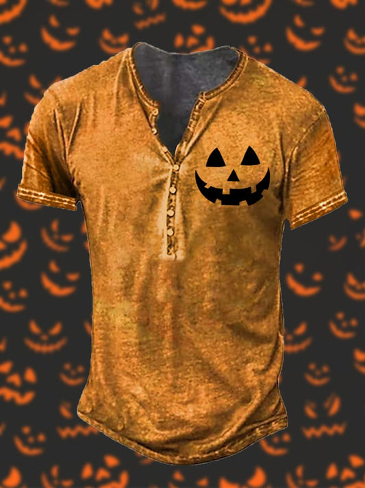 Men'S Lantern Pumpkin Halloween Print Button T-Shirt