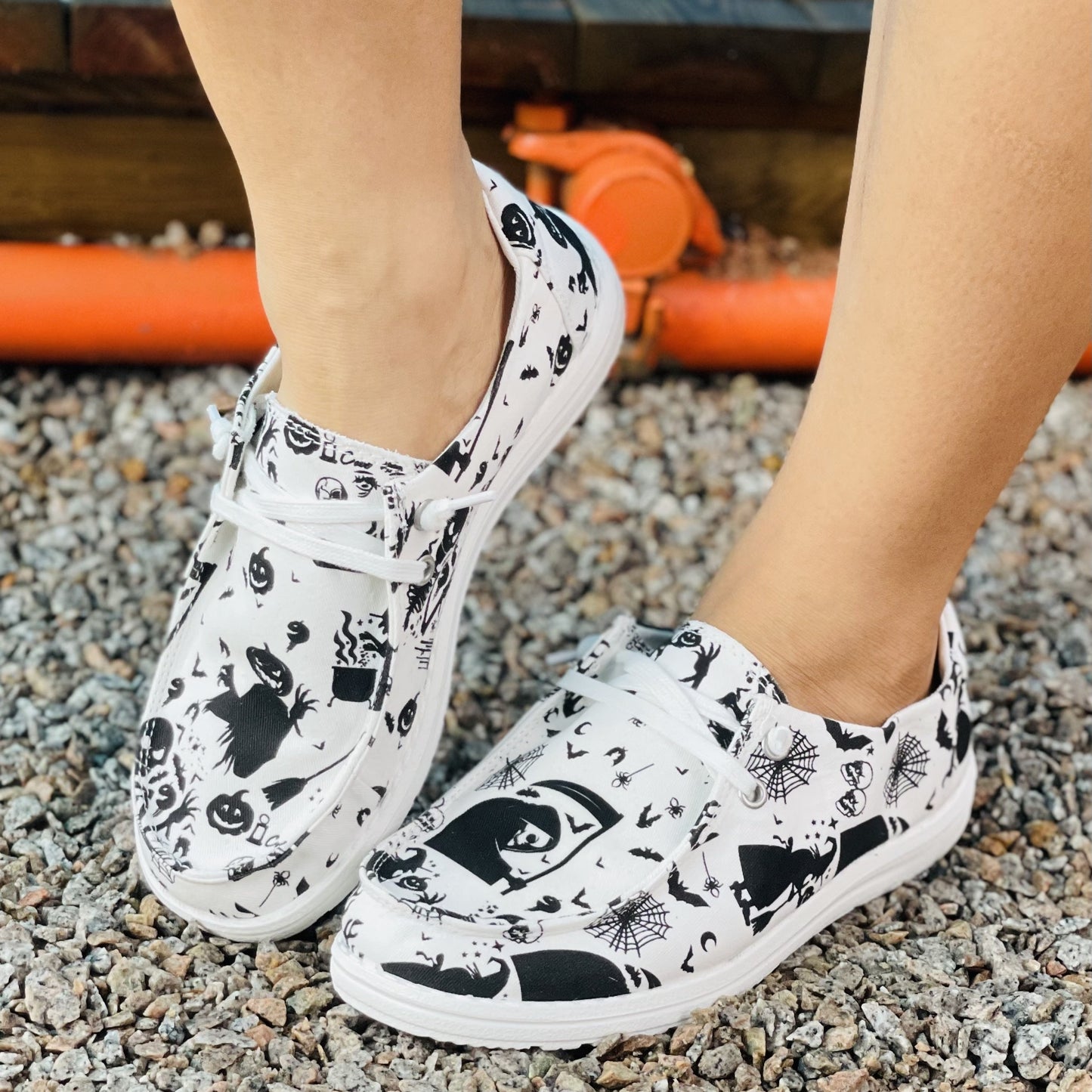 Spooktacular Women's Halloween Print Canvas Shoes: Lightweight, Low-Top, White Lace-Up Outdoor Shoes