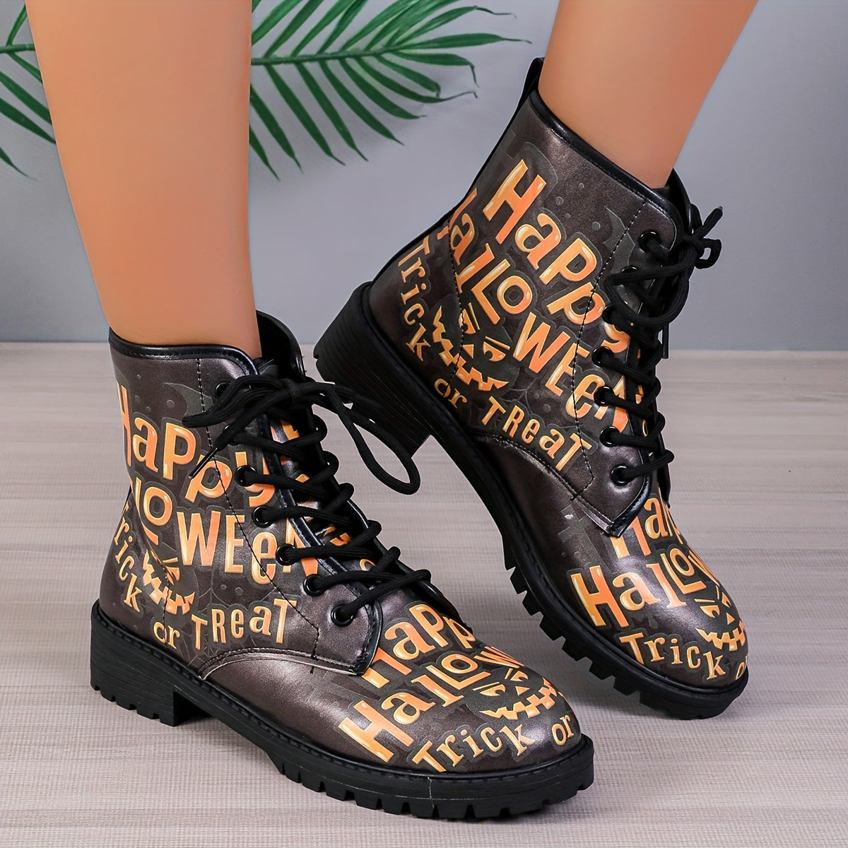 Casual Chic: Women's Halloween Print Ankle Boots with Lace-Up Combat Style and Anti-Slip Lug Sole